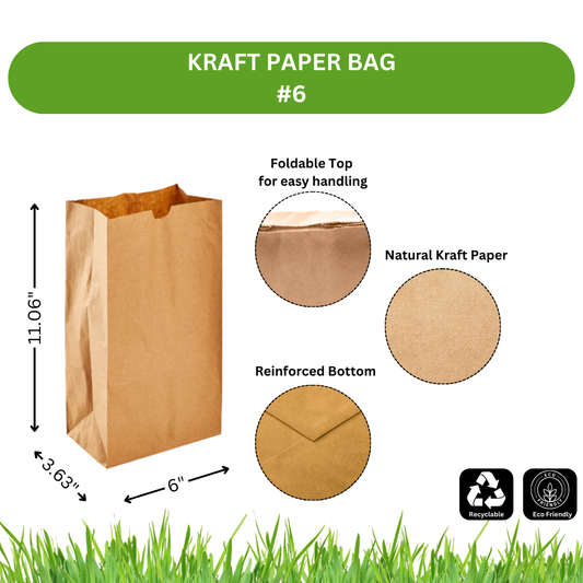 6LB Brown Kraft Paper Bags – 6" x 3.63" x 11.06" (Qty: 1000/Box)