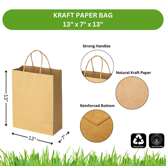 Kraft Paper Bags - 13" x 7" x 13" [Qty-250/Box] | Twisted Handle Paper Bags [120 gsm]