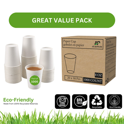 8oz Paper Cups - WHITE [Qty: 1000/Box]