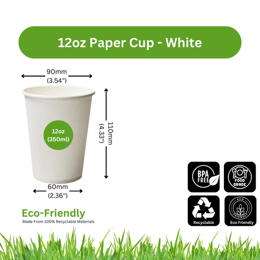 12oz Paper Cups - WHITE [Qty: 1000/Box]