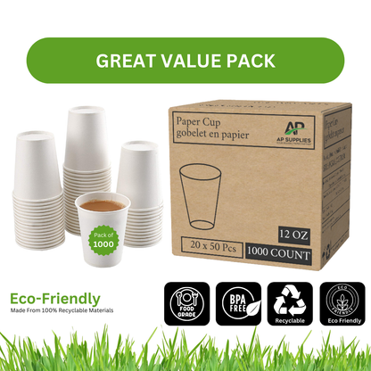 12oz Paper Cups - WHITE [Qty: 1000/Box]