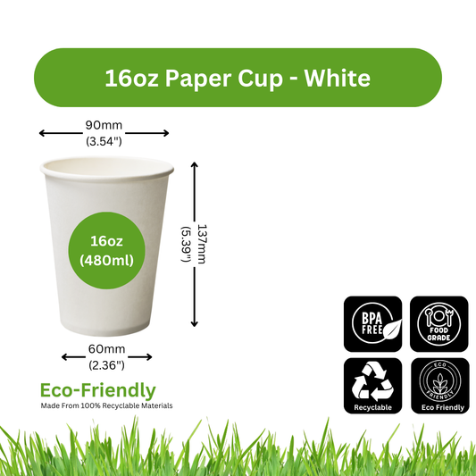 16oz Paper Cups - WHITE [Qty: 1000/Box]